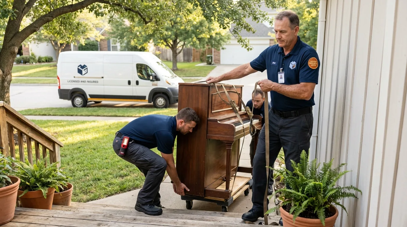Licensed piano movers securing grand piano in Grain Valley, MO