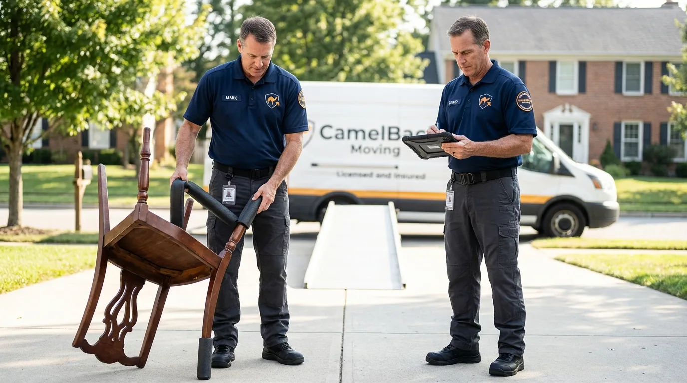 Movers inspecting furniture for damage prevention before loading in Grain Valley, MO